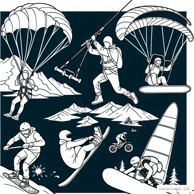 Sur votre feuille vierge à colorier, apparaissent divers sportifs. Ils sont en train de faire du saut à l'elastique, du parapente, de la planche à voile, du skateboard extrême, du BMX et même du snowboard sur une montagne enneigée. Ajoutez un peu de couleur pour rendre ces sports extrêmes plus vifs et excitants! L'imagination est votre seul gardien, alors n'ayez pas peur d'être audacieux et brillant!