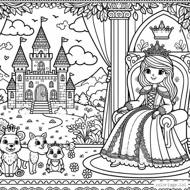 Une princesse assise sur un trône grandiose dans un château féerique entourée de ses amis animaux de la forêt