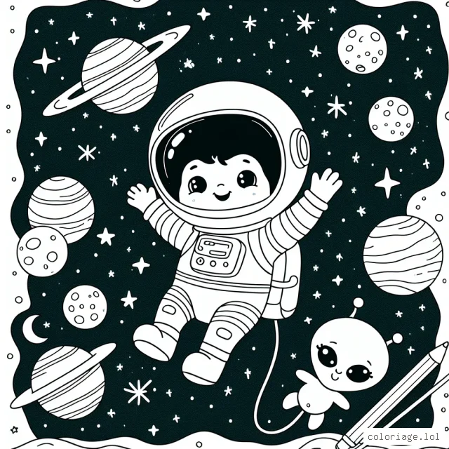 Un petit astronaute joyeux flottant en apesanteur parmi les planètes du système solaire, entouré d'étoiles pétillantes avec un adorable extraterrestre vert à ses côtés.