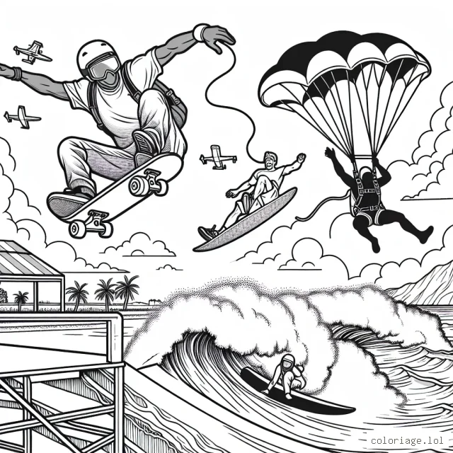 Imagine et dessine un paysage extrêmement sportif où un skateur audacieux saute par-dessus une rampe dans un parc de skate, un surfeur attrape une énorme vague sur l'océan agité, et un parachutiste fait une descente en spirale du ciel bleu éclatant. N'oublie pas d'ajouter des détails comme l'équipement sportif, les tenues des athlètes et les expressions sur leurs visages pour donner vie à la scène.