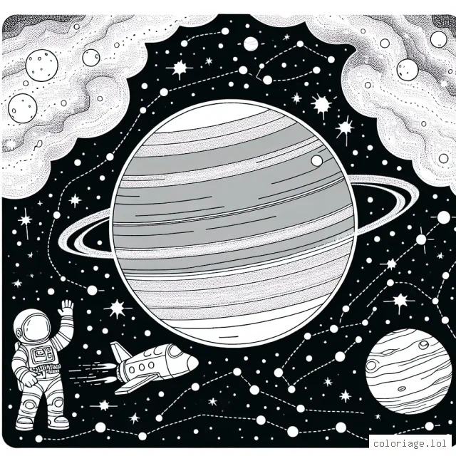 Imagine un espace interstellaire avec une grande planète au milieu, son satellite naturel se dresse juste à côté. Un petit astronautique avec son costume spatial, vague au loin depuis sa navette spéciale, entouré de petites étoiles pétillantes et de constellations mystérieuses.