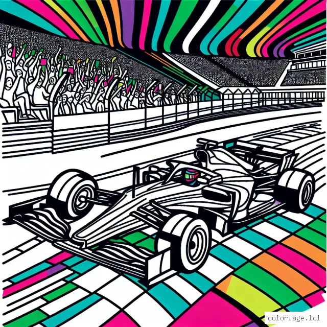 Dessine une voiture de course ultra rapide sur une piste colorée avec le public dans les gradins