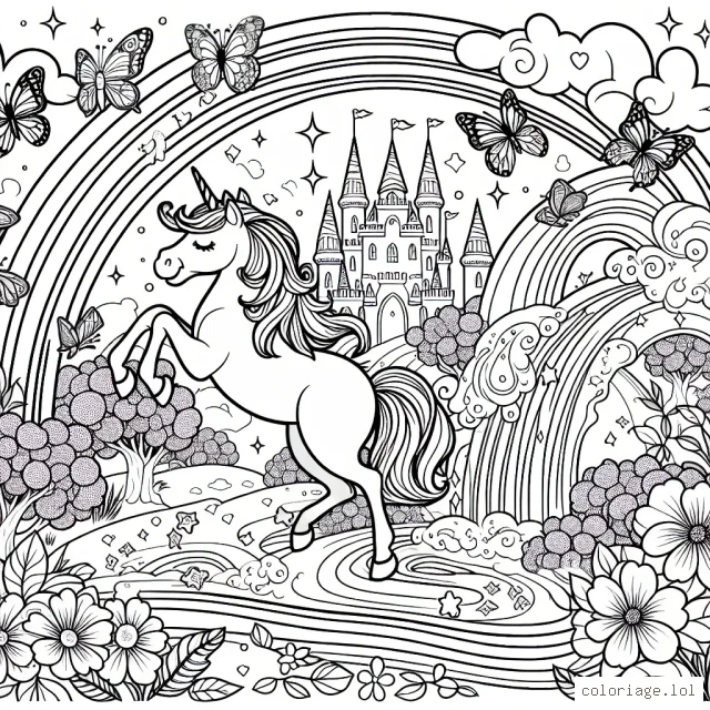 Un magnifique paysage féerique composé de licornes sautant parmi les arcs-en-ciel, un château de princesse au loin, des papillons colorés dans le ciel, des fleurs qui sourient et une cascade de paillettes.