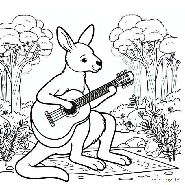 Un kangourou joueur de guitare en pleine forêt australienne