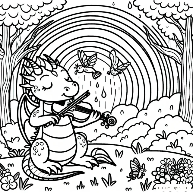 Dessine un dragon qui joue du violon sous un arc-en-ciel en plein milieu d'une forêt enchantée