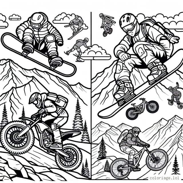Sur cette page, il y a une variété d'illustrations de sports extrêmes à colorier. On y trouve des snowboardeurs descendent la pente à grande vitesse, des skateurs prennent des virages en l'air, des grimpeurs s’attaquent à haute montagne et des cyclistes de montagne naviguent sur les terrains rocheux. N’oublie pas de donner des vives couleurs à ces aventures palpitantes!