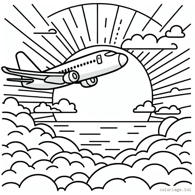 Un avion de ligne survolant les nuages, avec en fond le coucher du soleil.