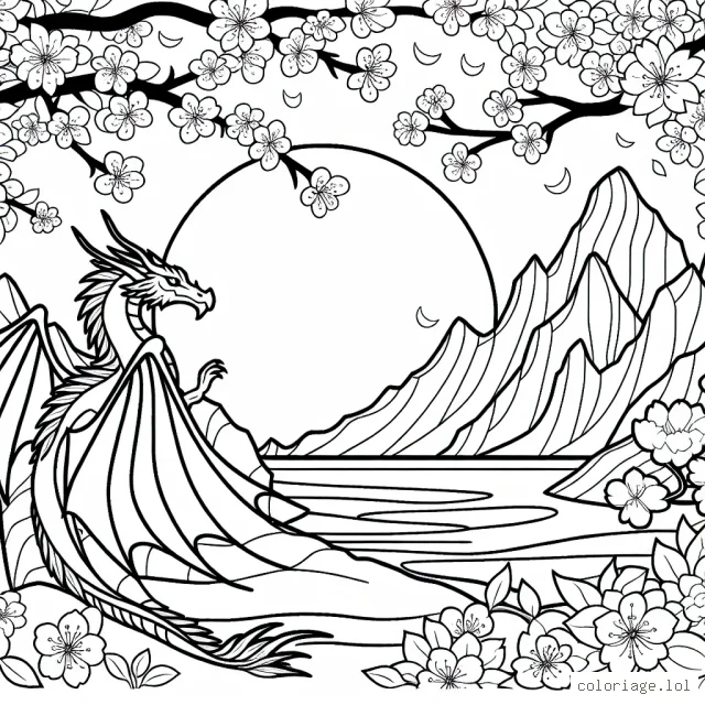 Un majestueux dragon ailé regarde paisiblement le coucher de soleil depuis une falaise bordée de cerisiers en fleurs