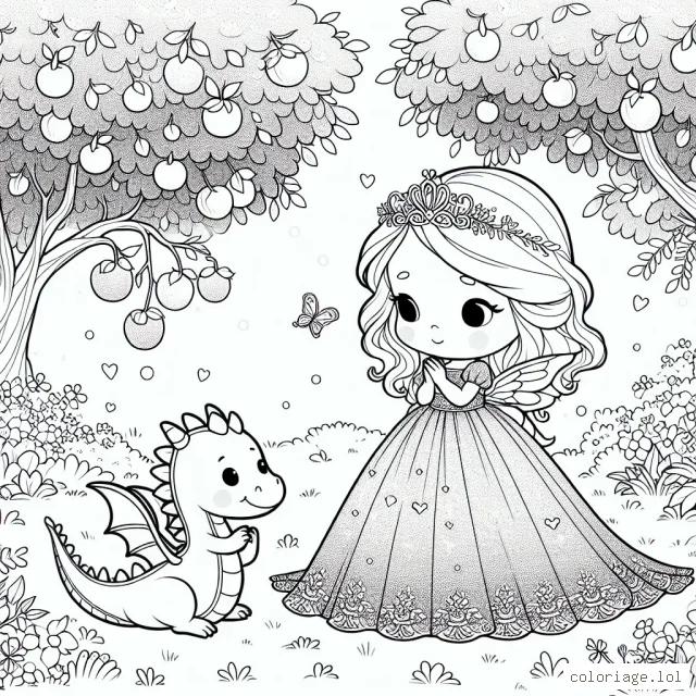 Une petite princesse dragon avec une longue robe brillante joue avec son dragon de compagnie dans un jardin féerique rempli d'arbres aux fruits sucrés