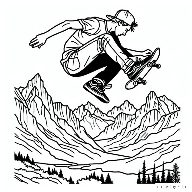Dessin d'un skateur professionnel en plein tourbillon dans les airs, avec des montagnes rocheuses en arrière-plan