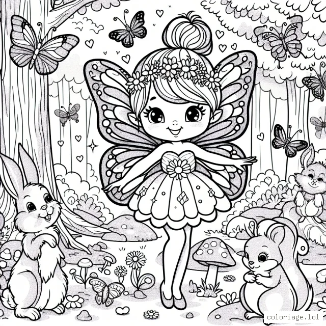 Une petite fée aux ailes resplendissantes se trouve dans une charmante forêt enchantée, entourée de ses amis les animaux dont un lapin coquin, un écureuil malicieux, des papillons colorés et des oiseaux chantant joyeusement. Les arbres de la forêt sont grands et beaux. À proximité, on peut apercevoir une petite maison champignon où vit la fée.