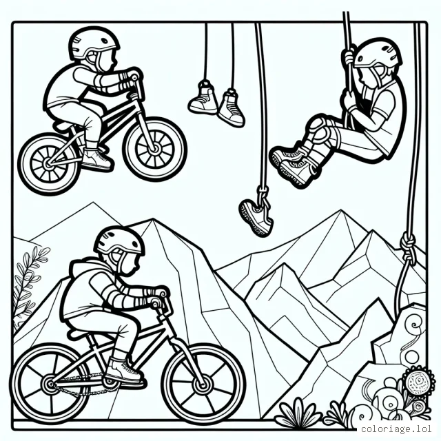 Sur cette page, tu trouveras un dessin d'un enfant faisant du bmx, de l'escalade, et du saut à l'élastique. Les trois sports sont présentés de manière dynamique, avec beaucoup de détails pour rendre le coloriage plus attrayant et réaliste.