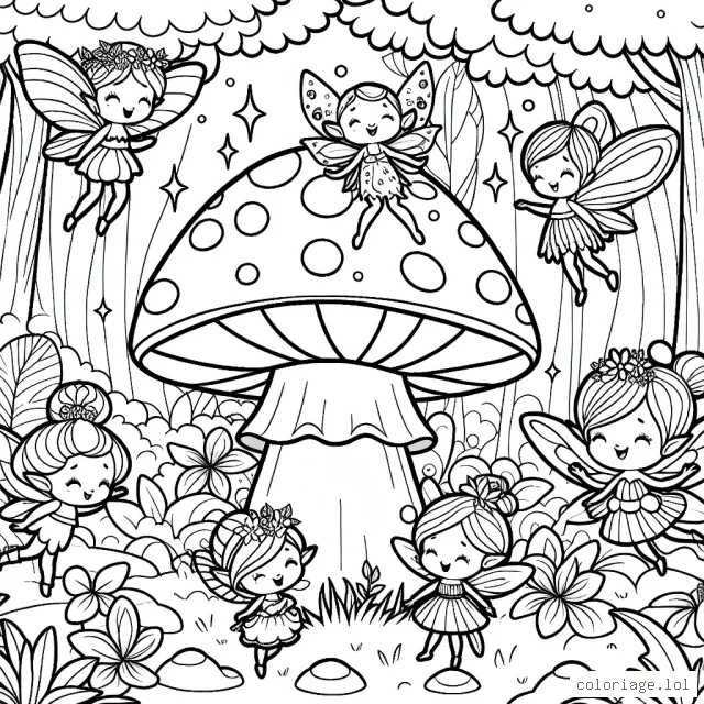 Un champignon magique dans une forêt enchantée avec des fées dansant autour