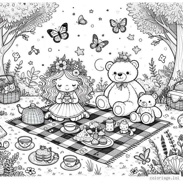 Une petite fille à la chevelure bouclée est assise dans le jardin, entourée de son ours en peluche préféré et divers animaux de la forêt. Devant elle, un pique-nique imaginaire est en cours. Il y a une couverture à carreaux avec des tasses de thé et des assiettes de biscuits en formes d'étoiles. Papillons et oiseaux chantent autour d'elle, rendant l'instant encore plus magique.
