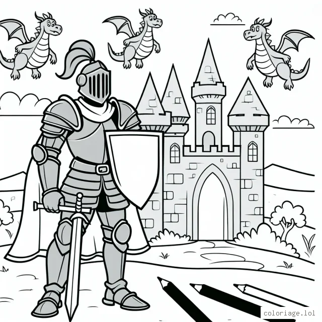 Un chevalier brave défendant son château des dragons aériens