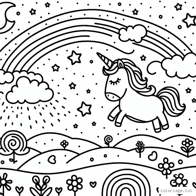 Un paysage fantastique avec une licorne volante, des étoiles scintillantes, des nuages de bonbons et un arc-en-ciel lumineux
