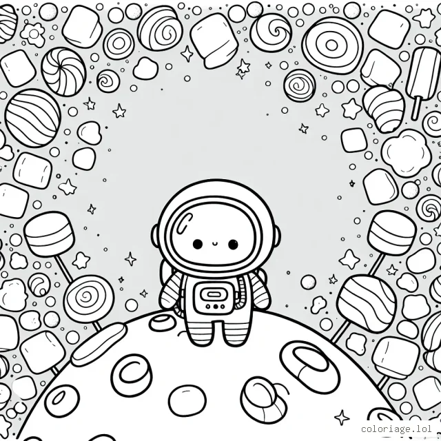 Un petit astronaute sur une planète faite entièrement de guimauves et de bonbons