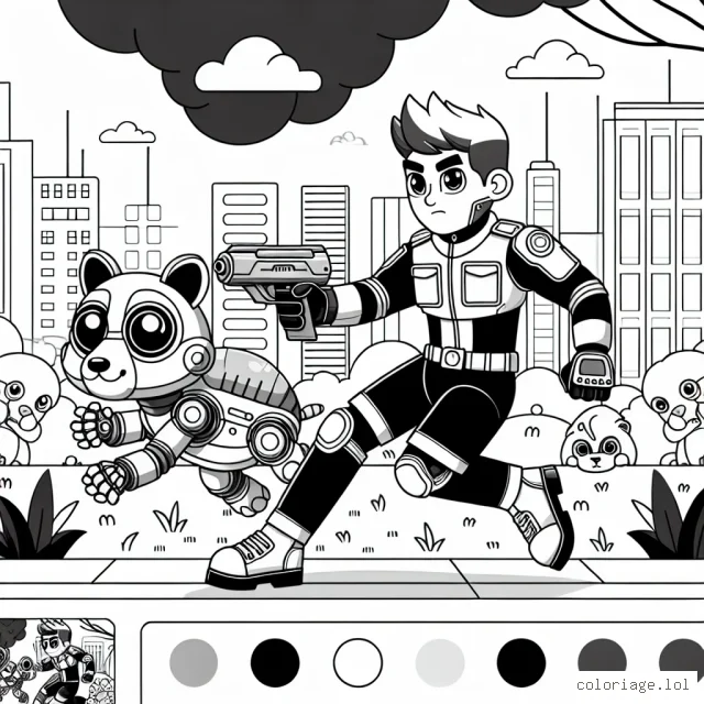 Imagine un super-agent de la police des animaux à l'allure audacieuse et courageuse se défendant contre des cyber-robots animaux malfaisants dans un parc futuriste. Dans cette scène, il utilise des gadgets de haute technologie et montre ses compétences en arts martiaux