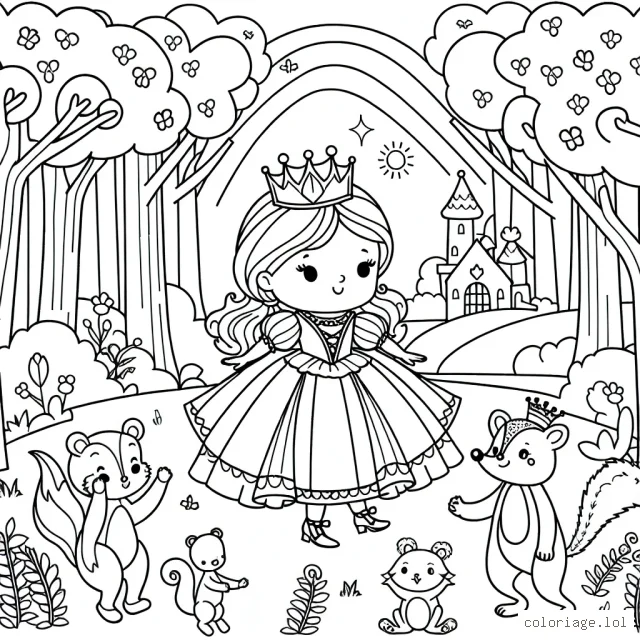 Un royaume enchanté avec une petite princesse jouant avec ses amis les animaux au milieu d'une forêt magique