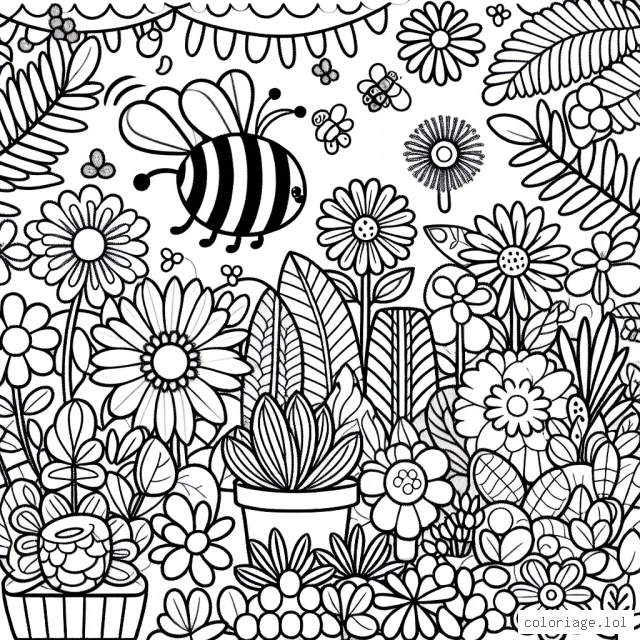 Dans ce dessin à colorier, fais vivre une abeille curieuse qui explore un jardin fantastique rempli de plantes fleuries aux formes et aux textures différentes. Sauras-tu donner des couleurs étonnantes à ces plantes et rendre cette scène vivante et dynamique ? Amuse-toi à imaginer les couleurs que pourrait avoir ce jardin fantastique !