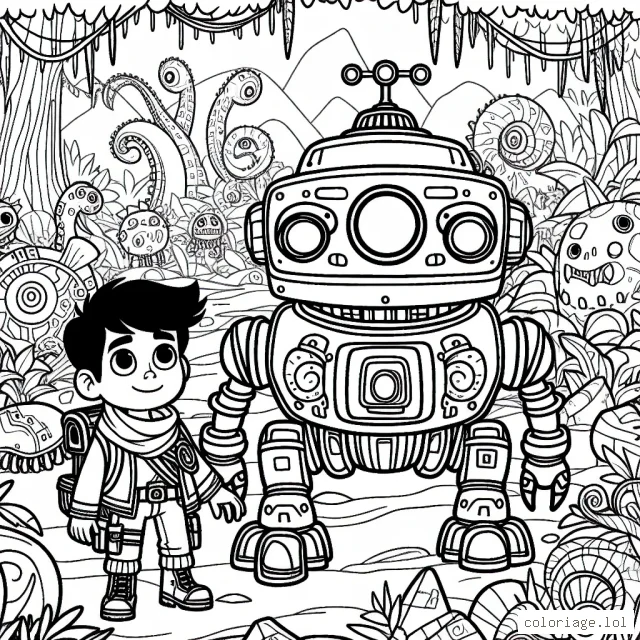Un jeune aventurier avec son fidèle robot explore une jungle mystérieuse remplie de créatures étranges et d'anciennes reliques.