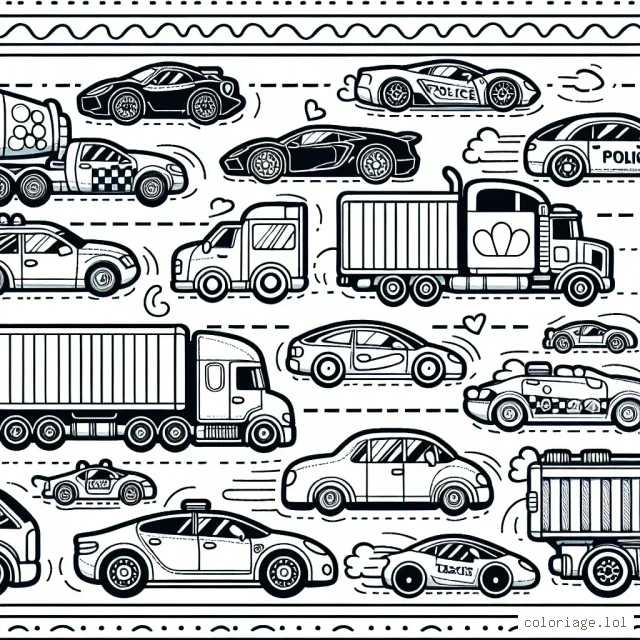 Un défilé dynamique de voitures sur une autoroute animée, des camions transportant divers objets, des voitures de sport roulant à grande vitesse, une voiture de police en patrouille et des taxis transportant des passagers.