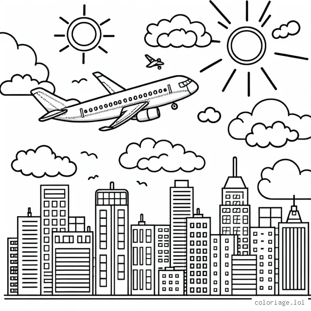 Un avion prend son envol depuis l'aéroport, passant au-dessus de la ville et dirigeant vers le ciel dégagé et lumineux.