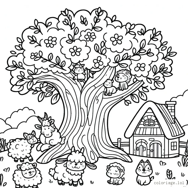 Un village d'animaux vivant dans un arbre magique
