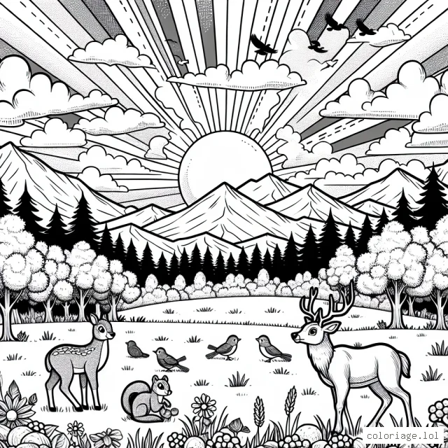 C'est l'heure du grand spectacle de la nature ! Un magnifique soleil couchant, illuminant le ciel de mille couleurs. Tout autour, la vie bat son plein : les oiseaux rentrent à leur nid, les cerfs broutent paisiblement dans la clairière et les écureuils s'affairent à ramasser leurs provisions. Au loin, on peut apercevoir la silhouette d'une majestueuse montagne. C'est à toi de mettre en couleurs ce tableau idyllique !