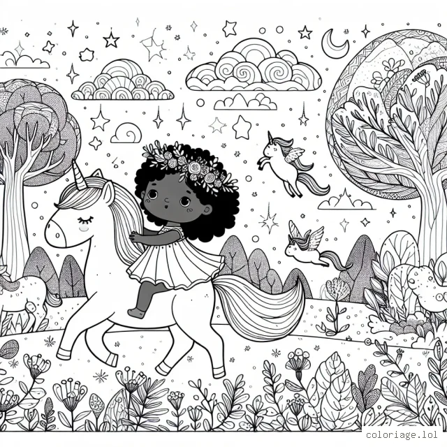 Notre petite héroïne traverse un paysage féerique, chevauchant son licorne. Autour d'elle, des arbres merveilleux, des créatures fantastiques, des fleurs rares et des nuages de toutes les formes. Elle porte une robe qui onde au vent et une couronne de fleurs. Le ciel est parsemé d'étoiles scintillantes.