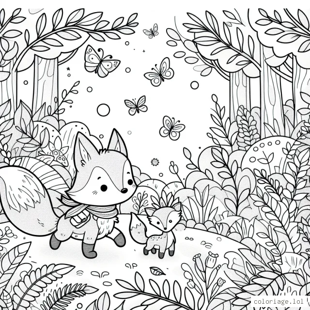 Un petit renard curieux explore une forêt enchantée, remplie de plantes luxuriantes et d'animaux magiques.