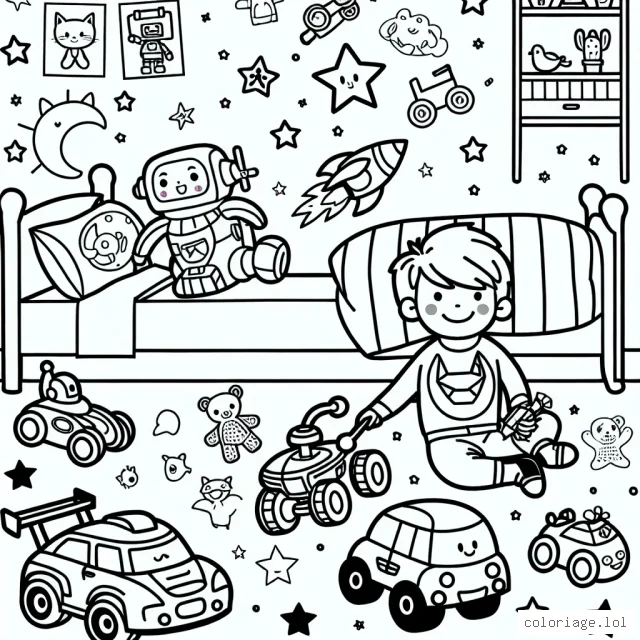Un petit garçon joue avec ses jouets préférés parmi lesquels figurent des robots, des voitures de course et des super-héros dans sa chambre pleine de stickers d'animaux et d'étoiles.