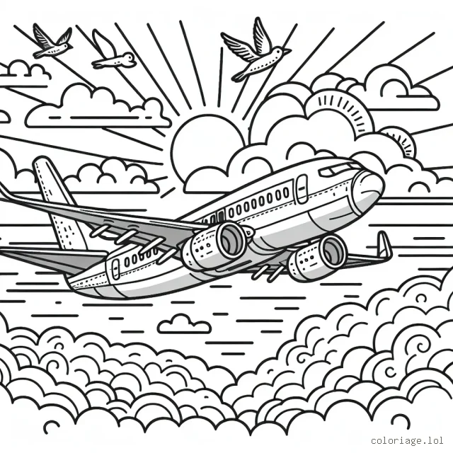 Imagine un avion volant au-dessus des nuages avec le soleil couchant en arrière-plan. L'avion est en détail avec toutes ses parties clairement visibles. Il y a aussi des oiseaux qui volent à proximité de l'avion.