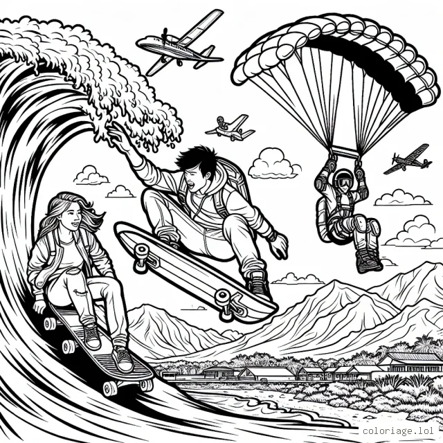 Imaginez un dessin de trois amis faisant du sport extrême: un surfer domptant des vagues gigantesques, un skater effectuant des tricks audacieux dans un skate park et un parachutiste sautant d'un avion au-dessus d'un paysage de montagnes. Ajoutez de l'éclat et de la couleur à cette scène pleine d'action.