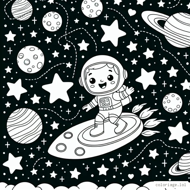 Un astronaute qui surfe sur une comète au milieu des étoiles et des planètes.