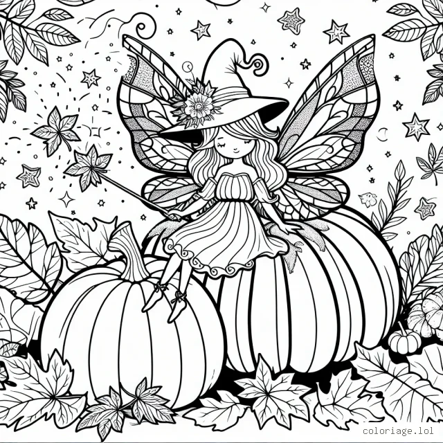 Une fée d'automne à colorier, assise sur une citrouille entourée de feuilles, avec sa baguette magique.