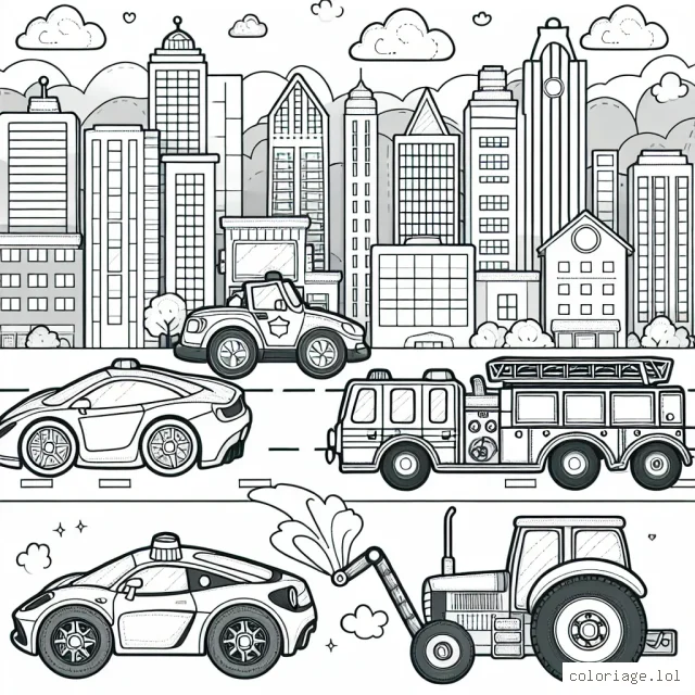 Voici une scène animée dans une ville pleine de voitures diverses et variées. De la petite voiture de sport élégante au camion de pompier en passant par le tracteur du fermier en ville, tous sont présents. N'oublie pas de colorier le paysage urbain en arrière-plan!
