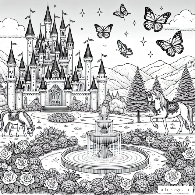 Sur un paisible paysage, il y a un magnifique château de princesse avec des tours étincelantes. A l'extérieur, des chevaux se promènent et de jolis papillons volent dans le ciel. N'oubliez pas d'ajouter de la couleur à la fontaine d'eau claire dans le jardin de roses.