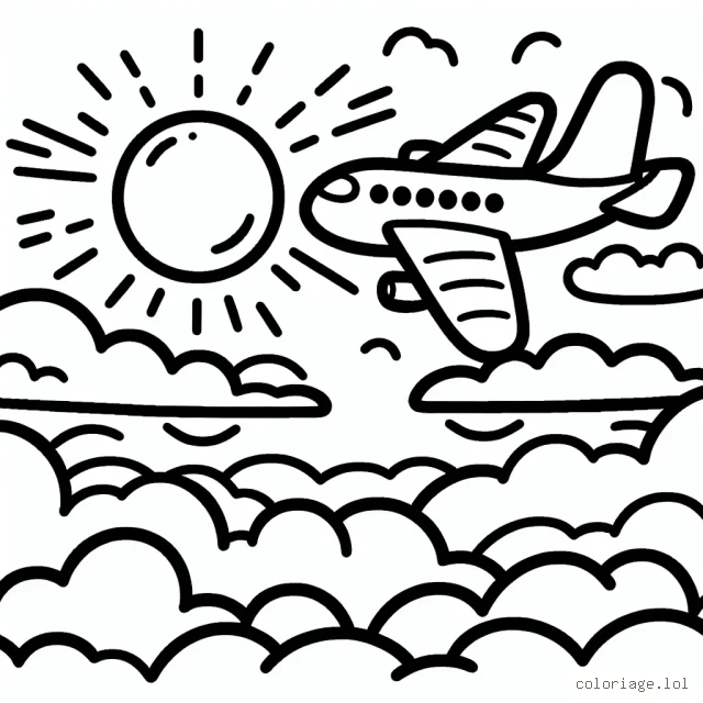 Un avion survolant au-dessus des nuages avec le soleil en arrière-plan