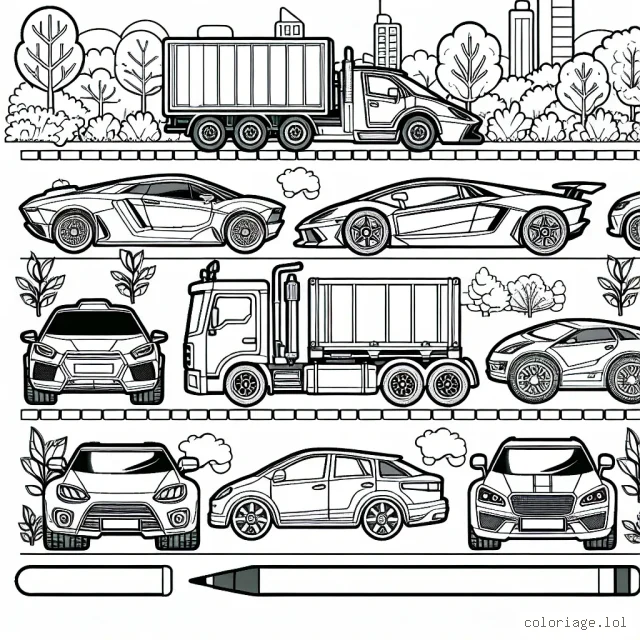 Imprime et amuse-toi à colorier ce beau dessin, qui présente des voitures de différentes marques. Tu pourras retrouver des marques comme Fiat, Mercedes, BMW, Tesla et autres. Pour chacune des voitures, choisis les couleurs de ton choix, sans oublier de colorier le paysage autour!