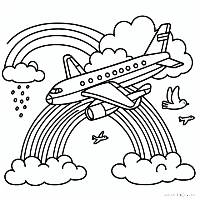 Un aéronef de type jet volant haut dans le ciel avec des nuages, des oiseaux et un arc-en-ciel. L'avion est divisé en trois sections pour les teintes du fuselage, des ailes et de la queue. Le logo de la compagnie fictive 'Skyfun' est visible sur la queue de l'avion.