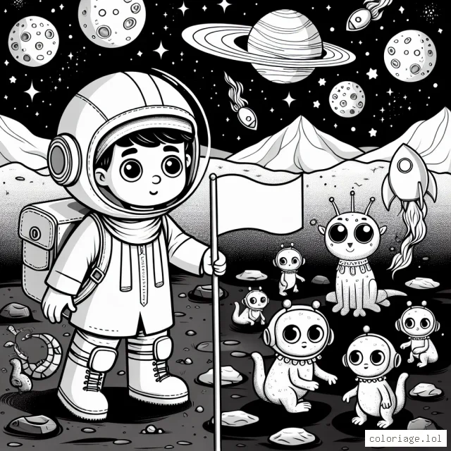 Un jeune astronaute curieux se promène sur la lune, un drapeau à la main. À sa surprise, il découvre une série d'étranges créatures lunaires. Il rencontre un groupe d'extraterrestres amicaux jouant à un jeu mystérieux. Un paysage merveilleux se déploie derrière lui, avec des étoiles scintillantes, des comètes rapides et des planètes éloignées.