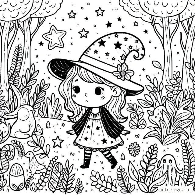 Une petite sorcière au chapeau pointu et vêtements à étoiles est perdue dans une forêt magique remplie de créatures fantastiques et de plantes étranges.