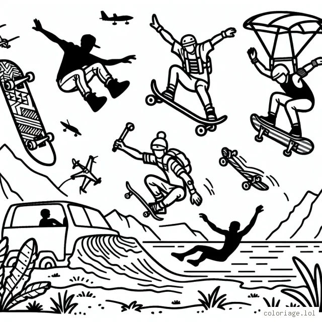 Une scène ludique et audacieuse de sports extrêmes avec des athlètes en plein action sur terre, mer et air.