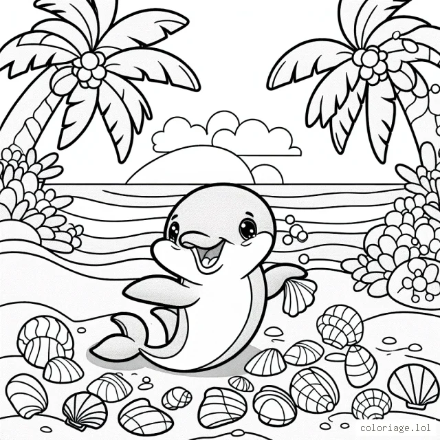 Un petit dauphin qui joue avec des coquillages colorées près de l'île tropicale.