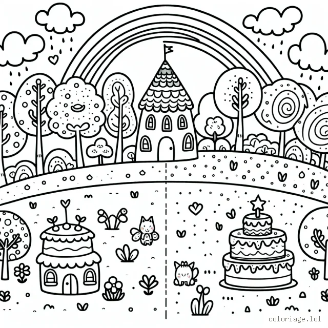 Imagine un monde complet avec des arbres arc-en-ciel, des animaux féeriques et des maisons en forme de gâteau !