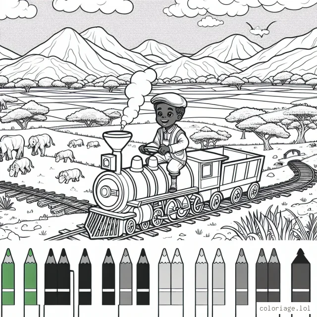 Un petit garçon en train de conduire une locomotive à vapeur dans le paysage de la campagne, avec des vallées, champs, animaux et un pont à traverser.
