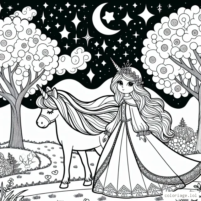 Imagine un paysage fantastique où une princesse aux longs cheveux dorés se promène avec son fidèle licorne, dans une forêt enchantée aux arbres pleins de friandises. Le ciel est parsemé d'étoiles brillantes et la lune est douce et souriante. La princesse porte une robe flamboyante et le licorne resplendit dans sa crinière arc-en-ciel.