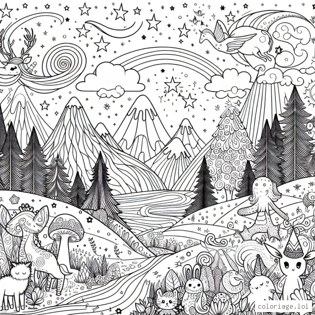 Un monde magique rempli de créatures fantastiques et de paysages enchantés à colorier