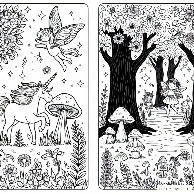 Une forêt enchantée remplie de créatures fantastiques : des licornes qui courent à travers les prairies fleuries, des fées qui dansent sous les champignons géants, des elfes qui grimpent aux arbres centenaires et des sirènes dans les lacs étincelants.